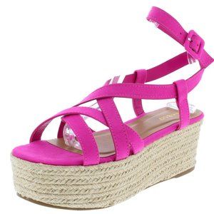 Neon Pink Suede Strappy Platform Espadrilles - 8.5